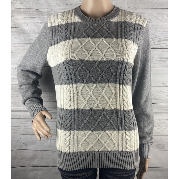 Chaps Classics Sweater Medium Gray Ivory Wide Stripe Cable Knit Crew Neck Casual - Picture 1 of 12